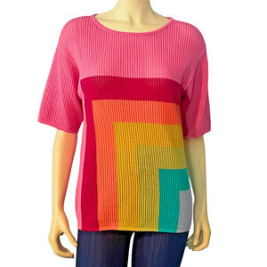 3-FOR-$30 AP NY Sz XS Mesh Knit Sweater Short Slvs Pink Colorblock Dopamine New
